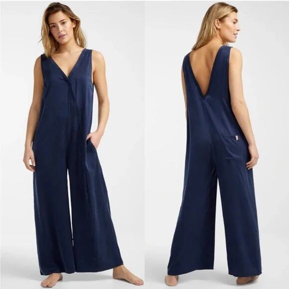 Lunya Washable Silk Double V Jumpsuit Navy - Picture 1 of 8